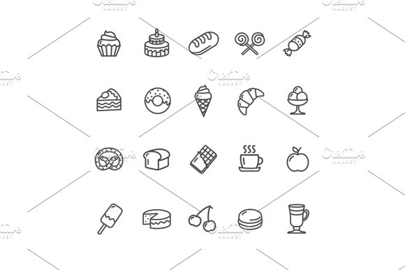 Bakery and Pastry Icons Set. Vector preview image.