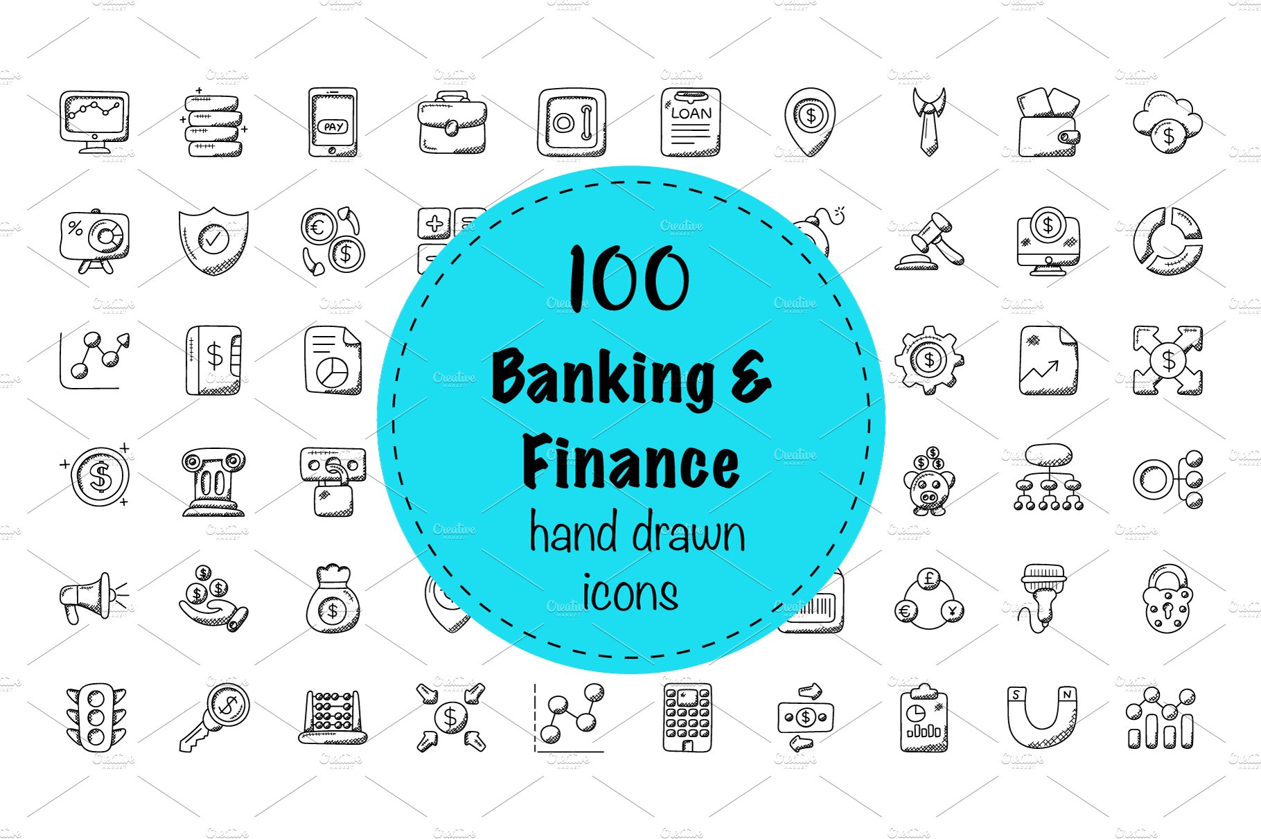 100 Banking and Finance Doodle Icon cover image.
