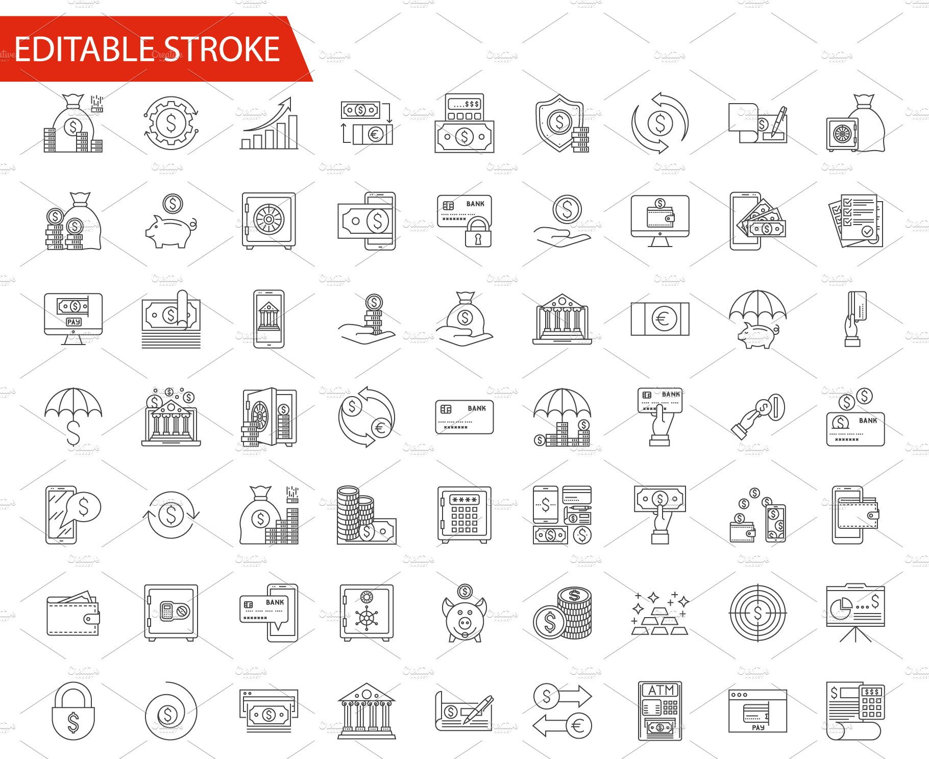 Banking and finance line icons set cover image.