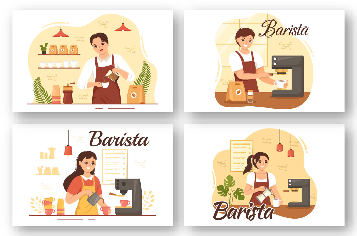 Set of four banners with a woman working in a coffee shop.