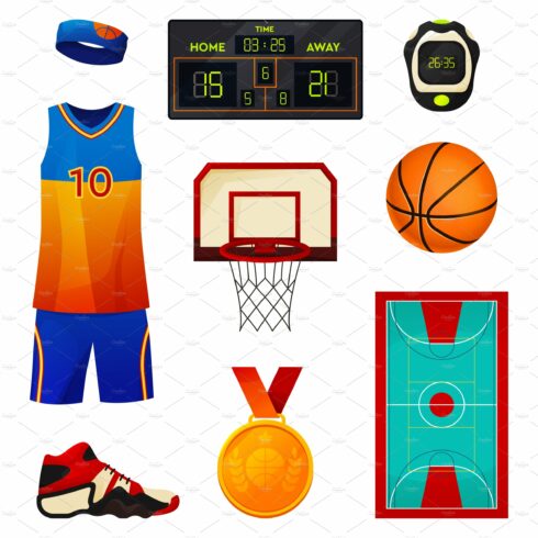 Set of basketball equipment icons cover image.