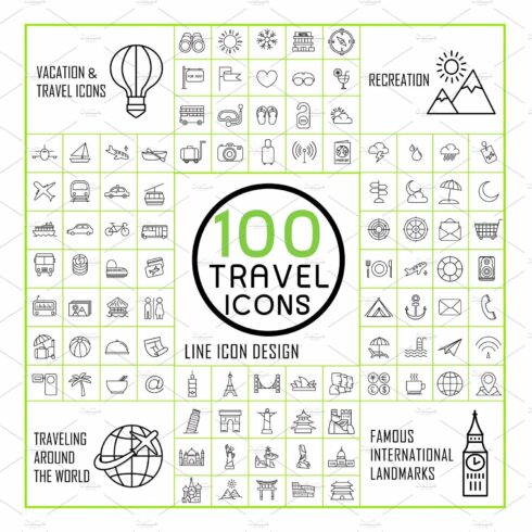 lovely 100 travel icons set cover image.