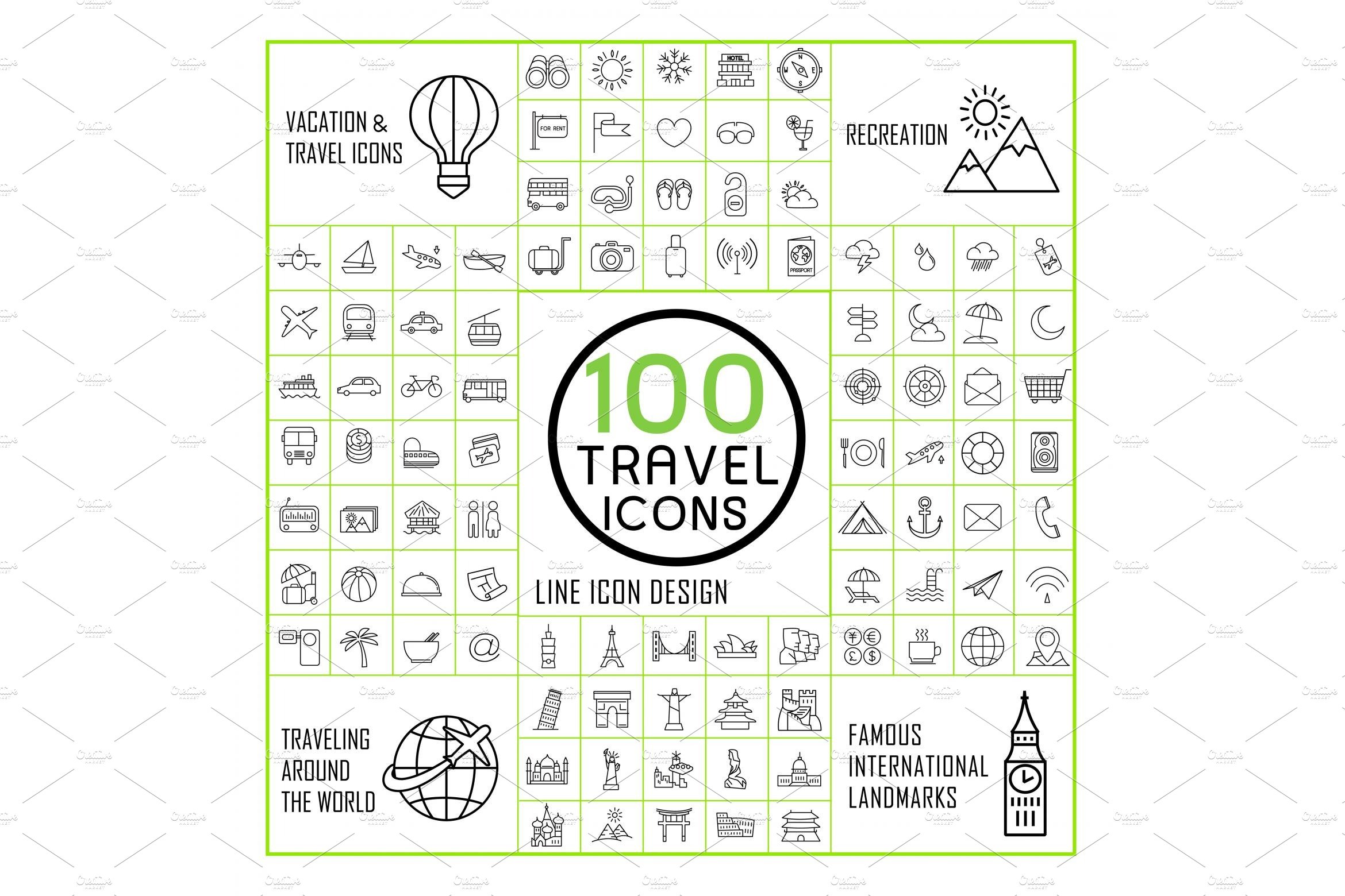 lovely 100 travel icons set cover image.