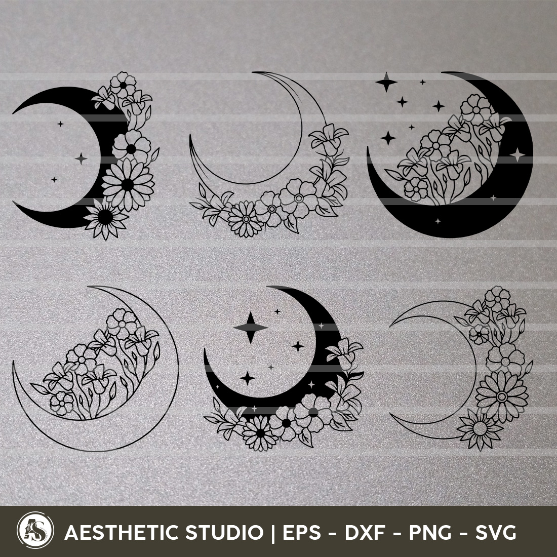 Set of four moon and flower designs.