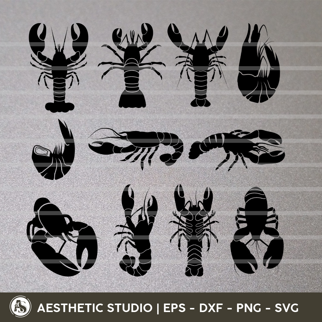 Set of silhouettes of lobsters and lobsters.