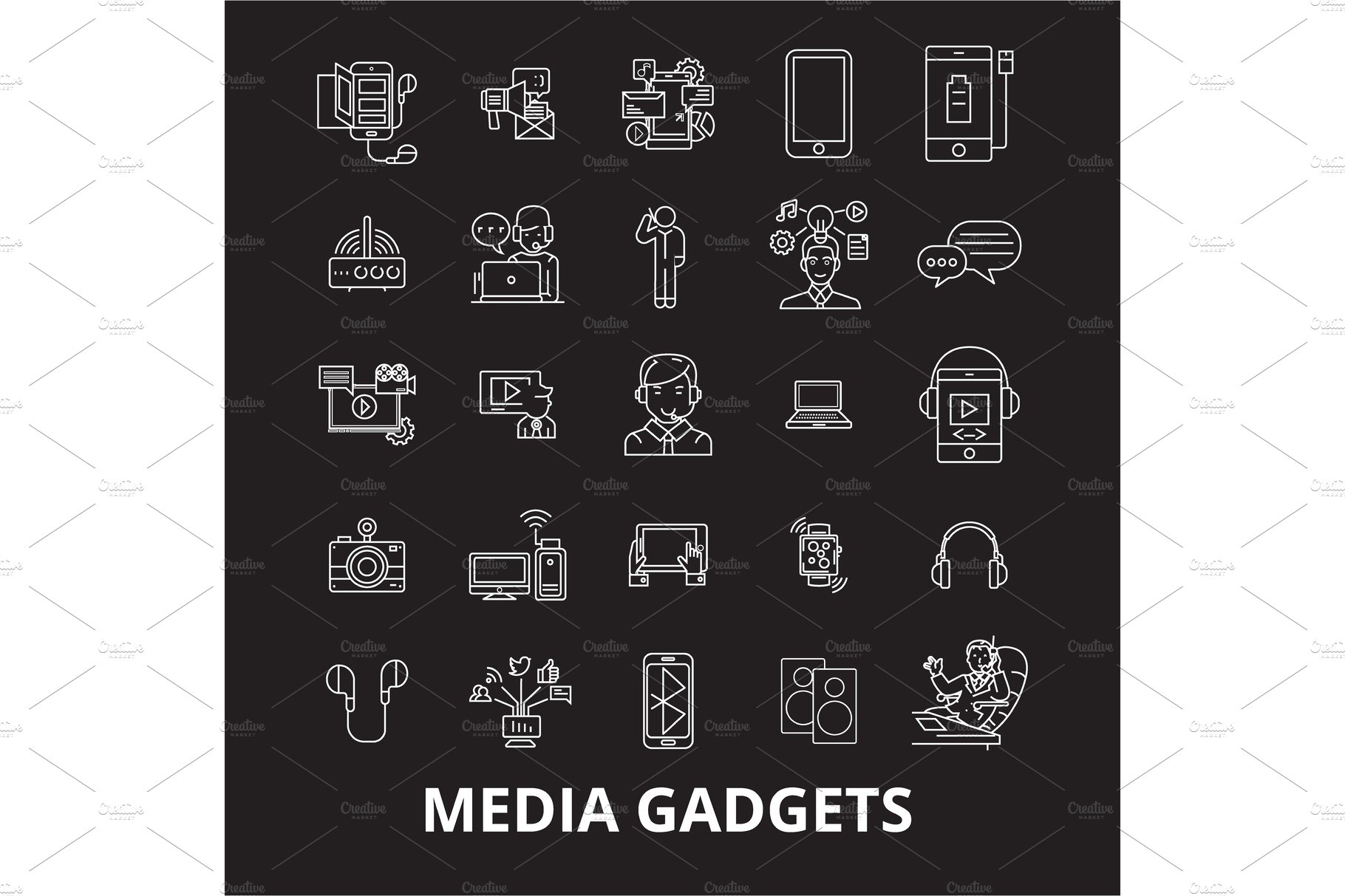 Media gadgets 2 editable line icons cover image.