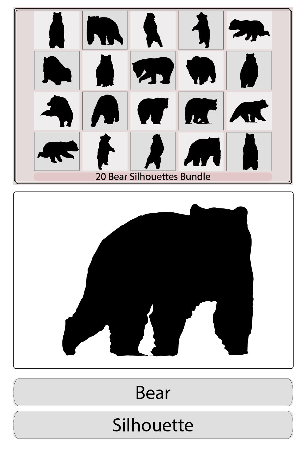 vector bear silhouette,various bear silhouettes,Bear silhouette,animal illustration, bear illustration,brown bear silhouette set, pinterest preview image.