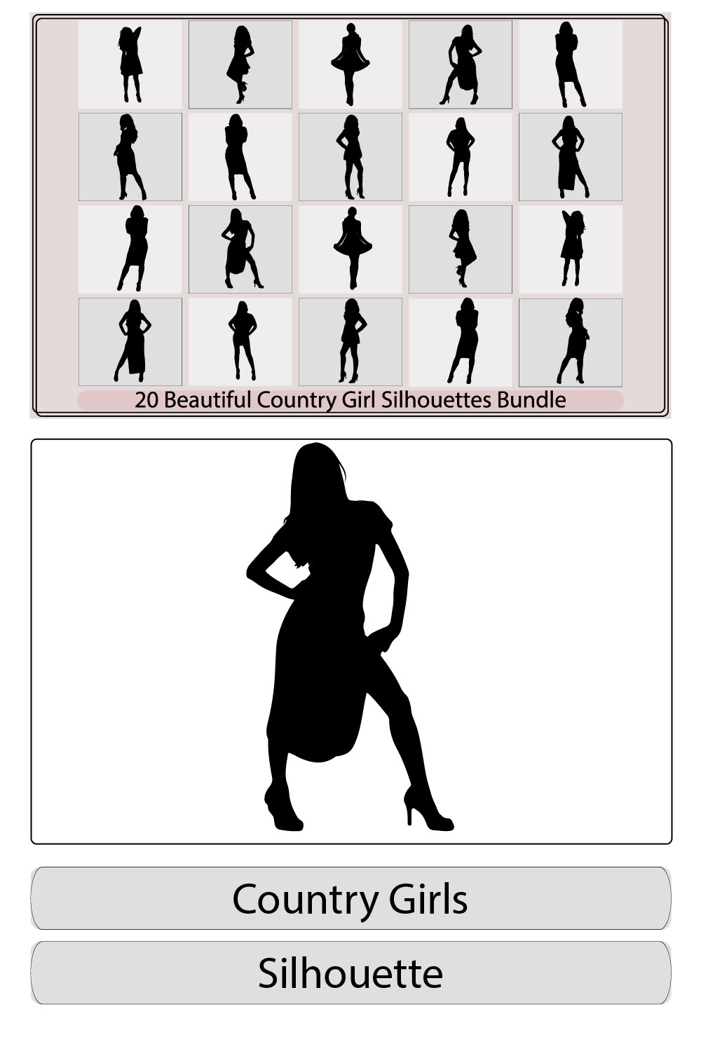 Silhouette Beautiful Country girl vector,country girl illustration, country girl silhouette bundle set pinterest preview image.