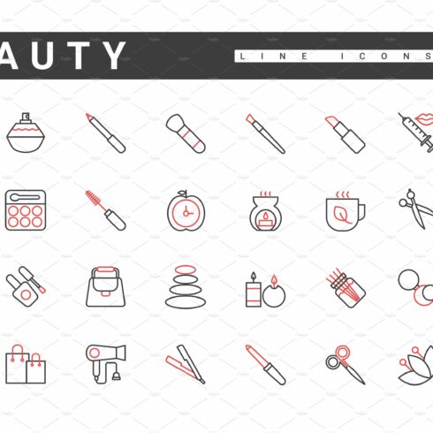 Beauty cosmetics line icons set cover image.