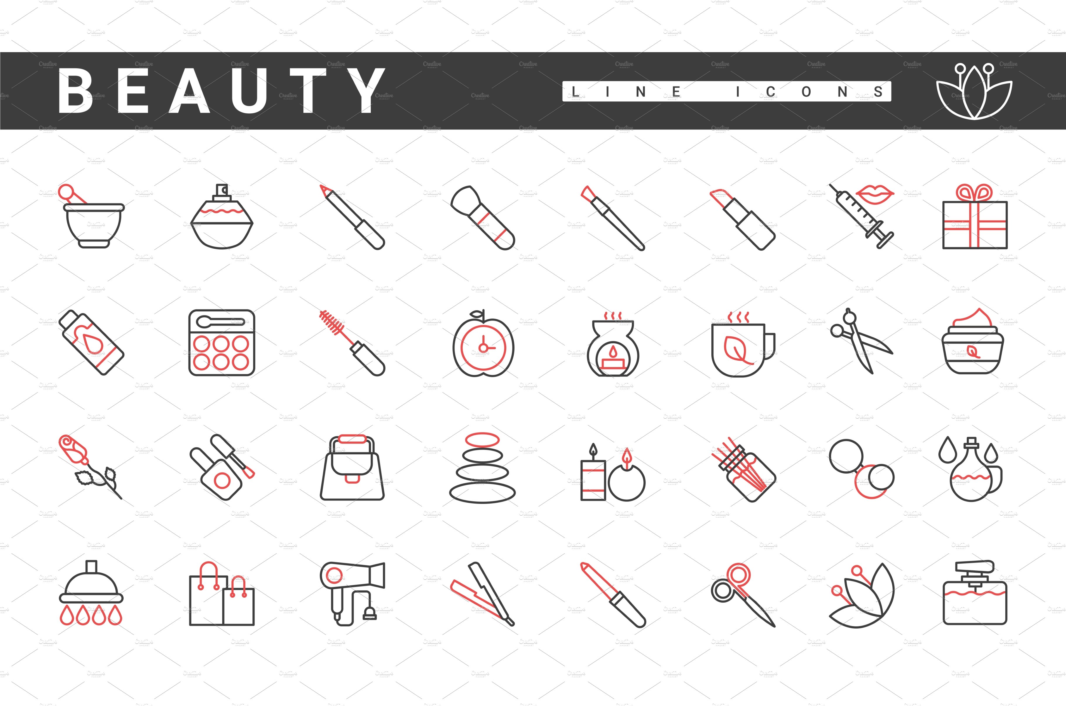 Beauty cosmetics line icons set cover image.
