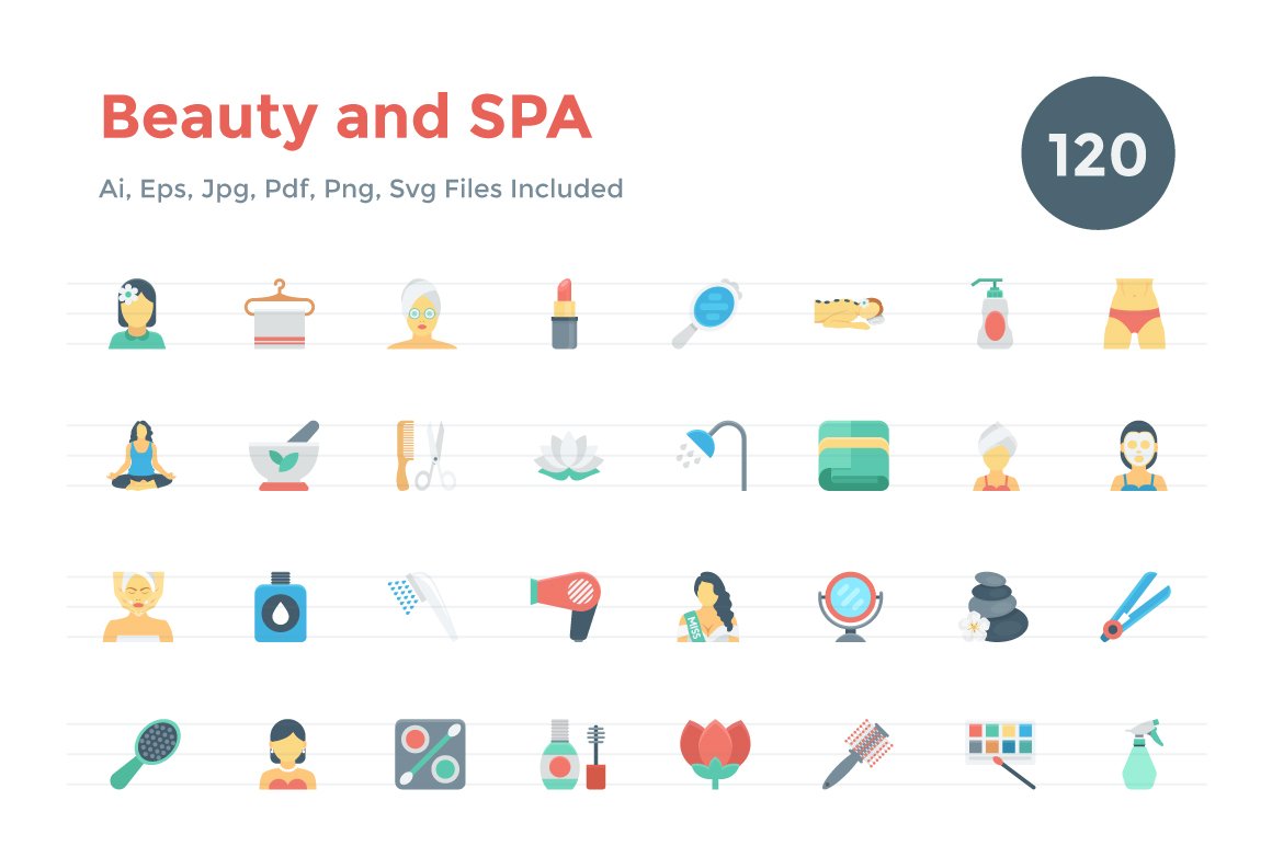 120 Flat Beauty and Spa Icons cover image.