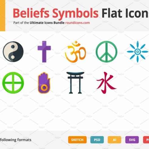 12 Beliefs Symbols Flat Icons cover image.