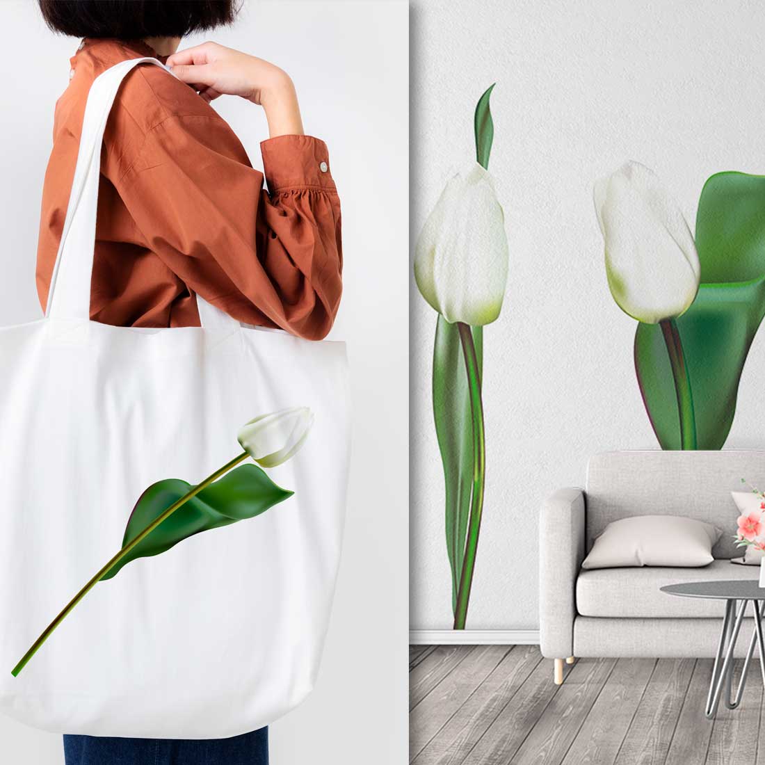 Woman carrying a white tote bag in a living room.