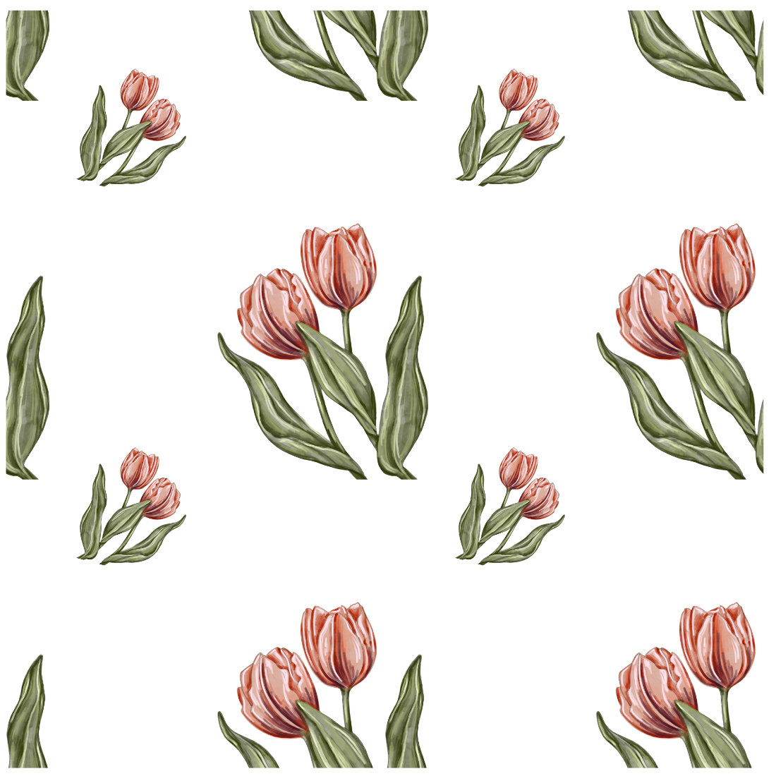 Pattern of pink tulips on a white background.