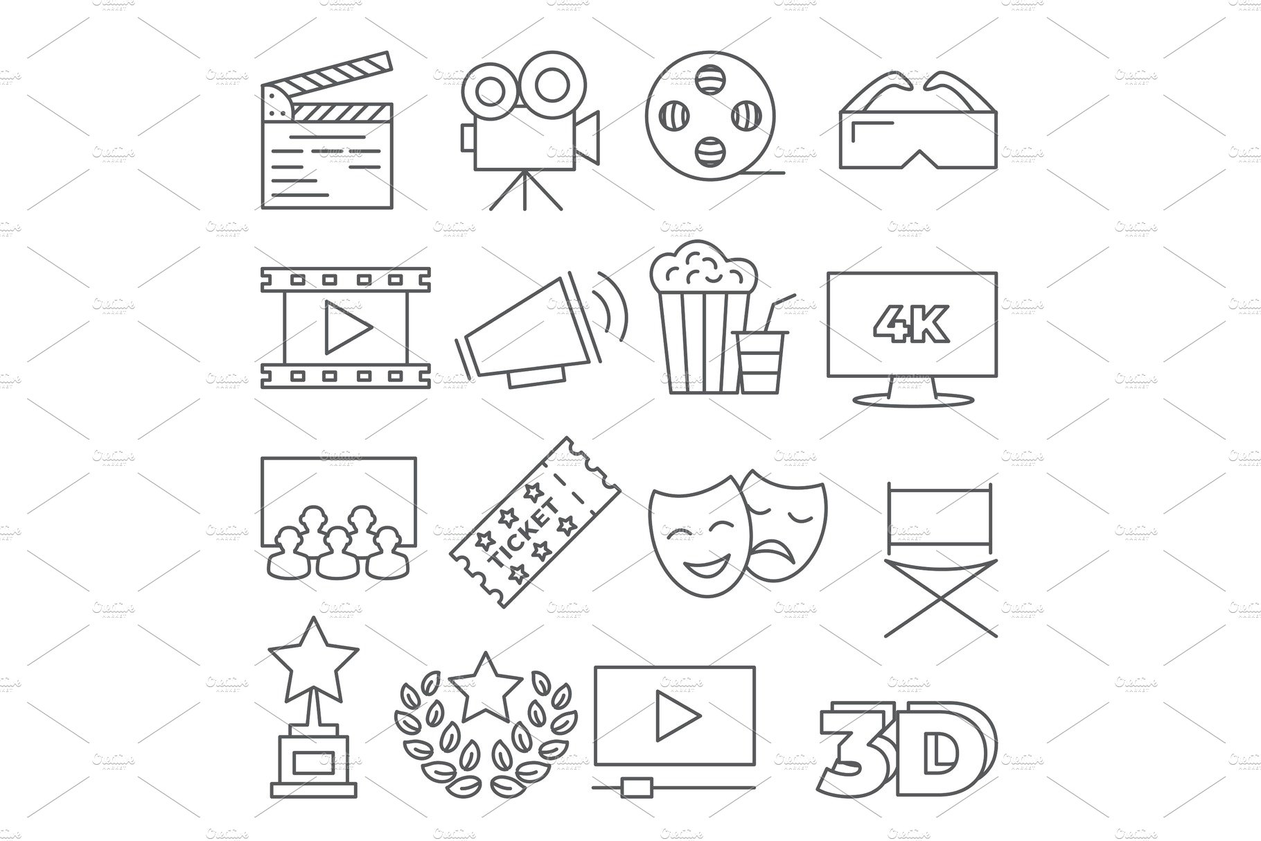 Cinema line icons on white cover image.