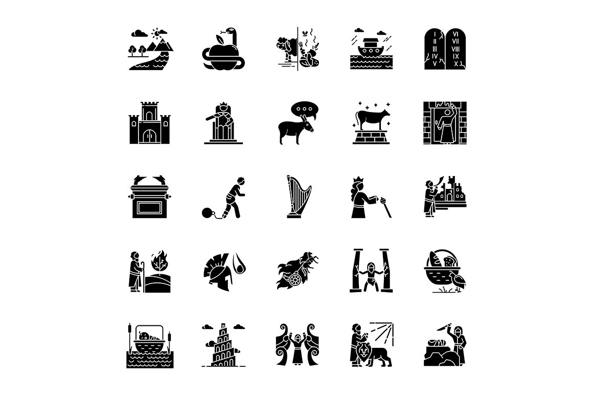 Bible narratives glyph icons set cover image.