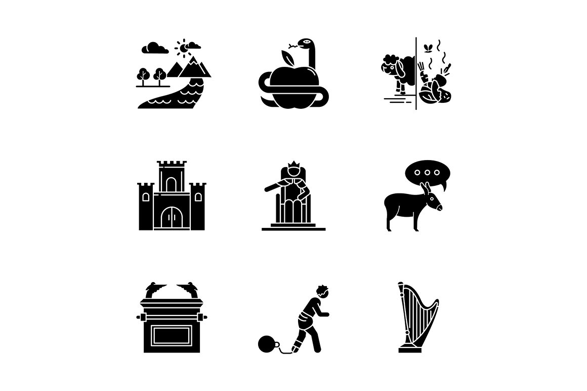 Bible narratives glyph icons set cover image.