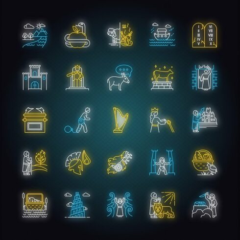 Bible narratives neon light icons cover image.