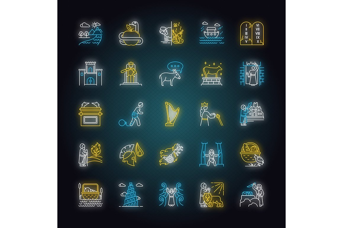 Bible narratives neon light icons cover image.