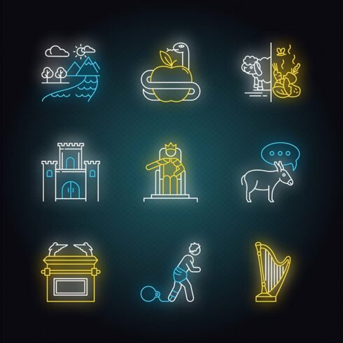 Bible narratives neon light icons cover image.