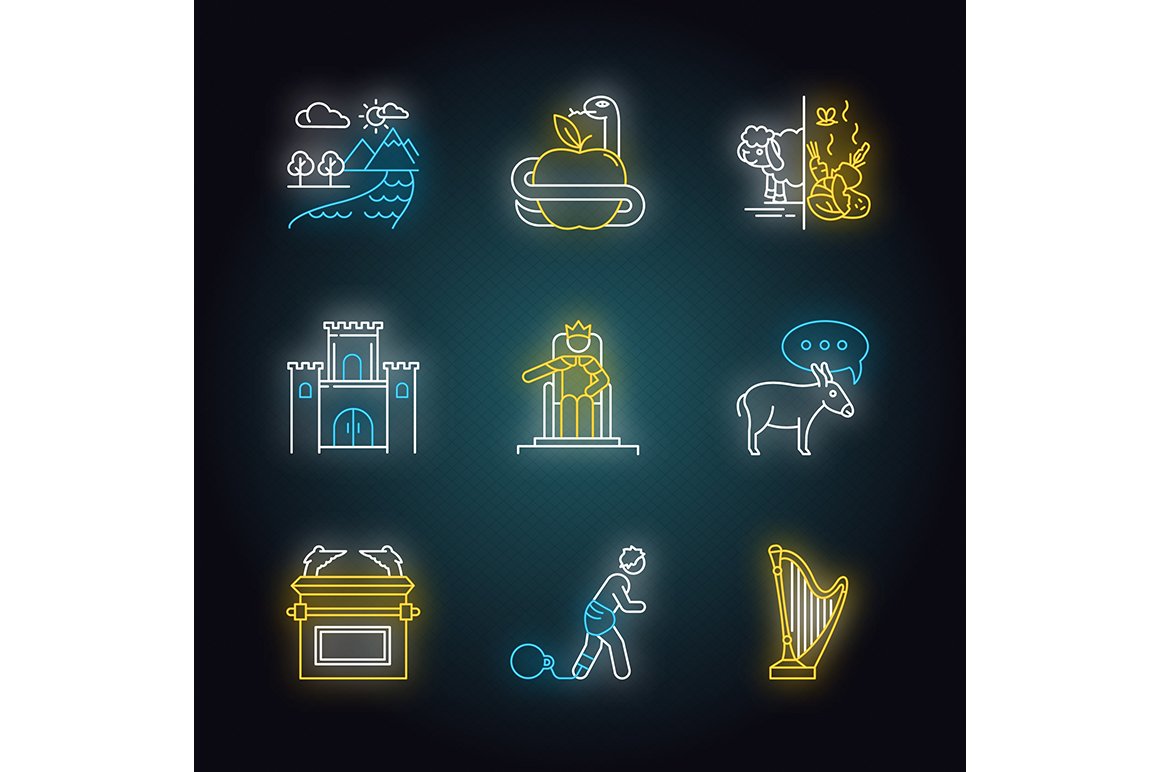 Bible narratives neon light icons cover image.