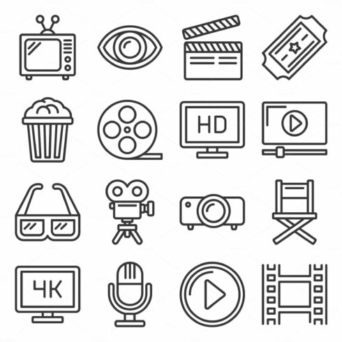 Movie Cinema Icons Set. Line Style cover image.
