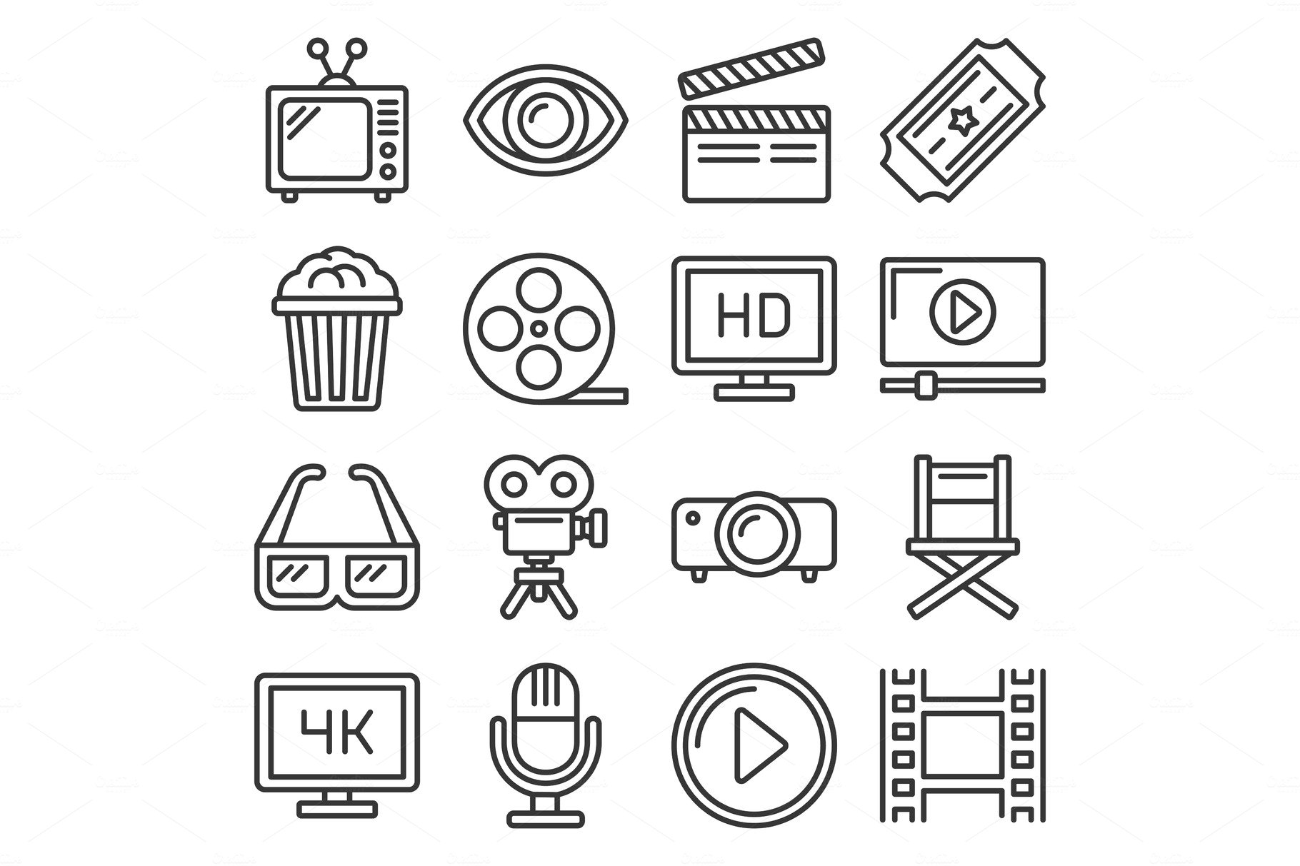 Movie Cinema Icons Set. Line Style cover image.