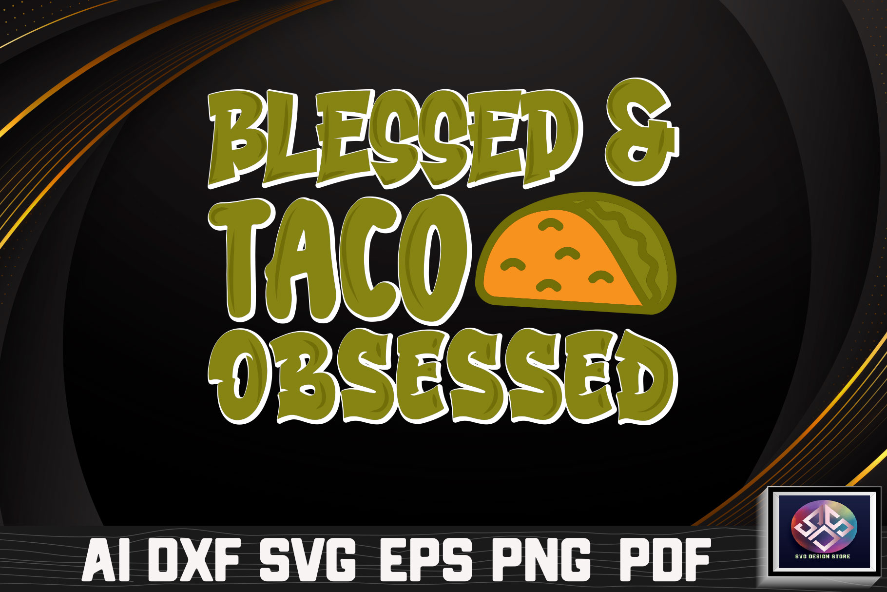 Black background with a yellow and green taco on it.
