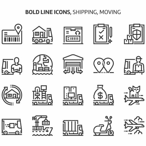 Shipping and moving, bold line icons cover image.