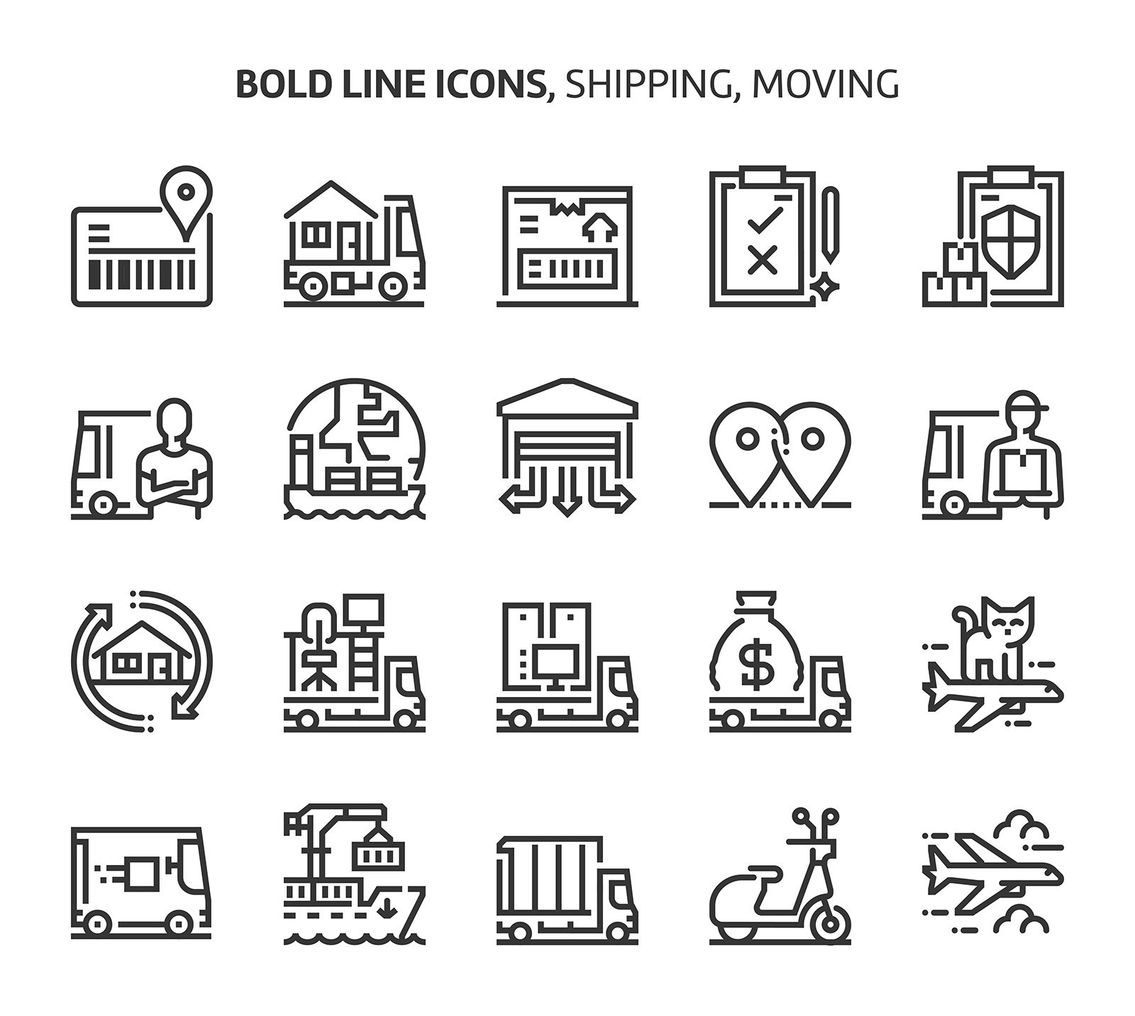 Shipping and moving, bold line icons cover image.