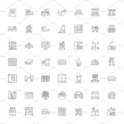 Interior design linear icons, signs cover image.