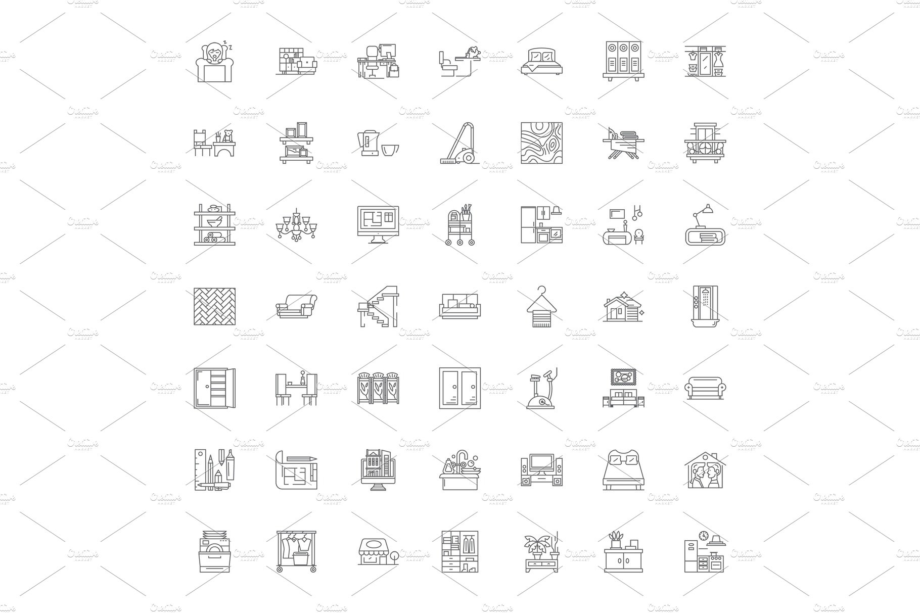 Interior design linear icons, signs cover image.