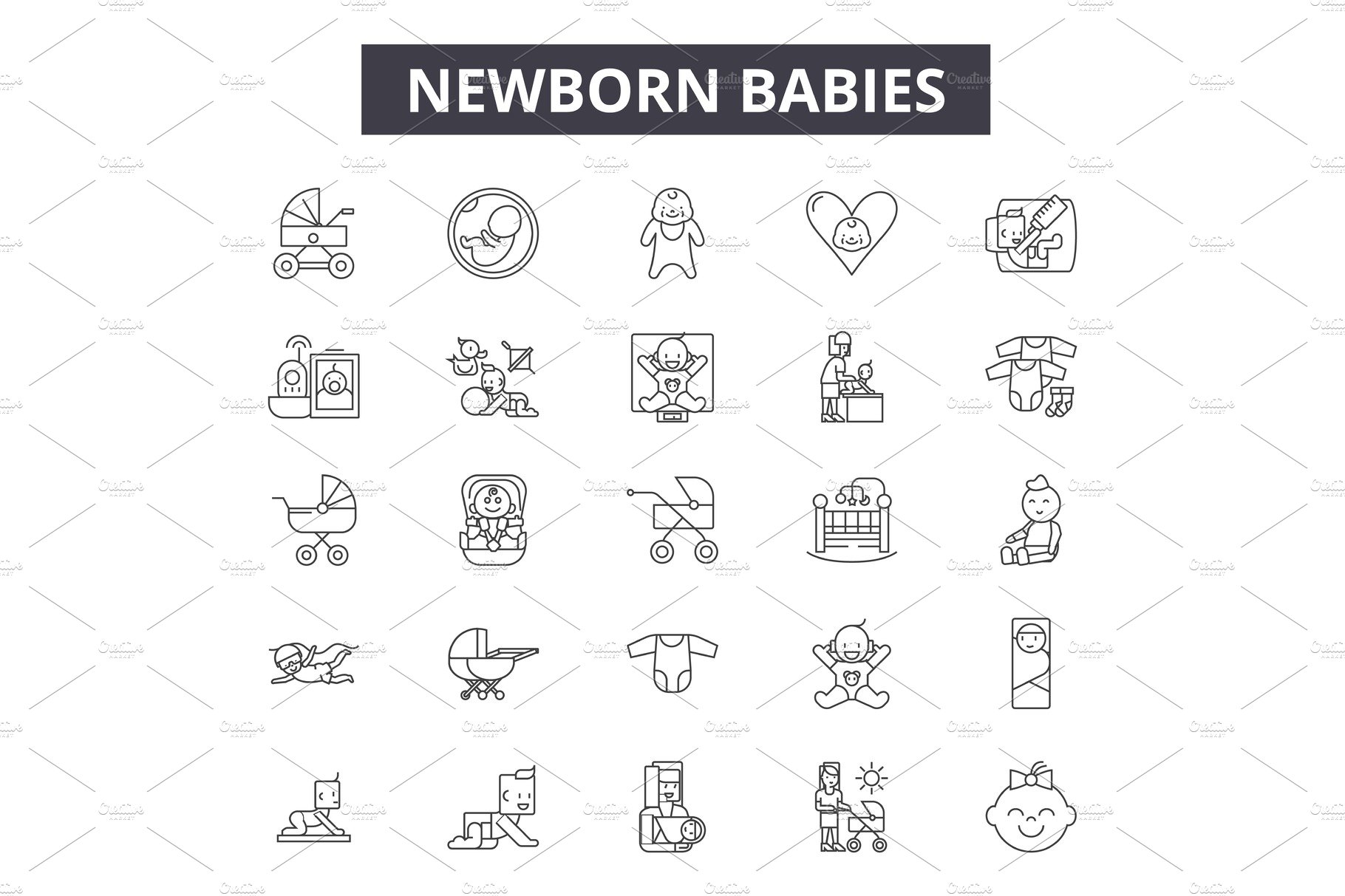 Newborn babies line icons, signs set cover image.