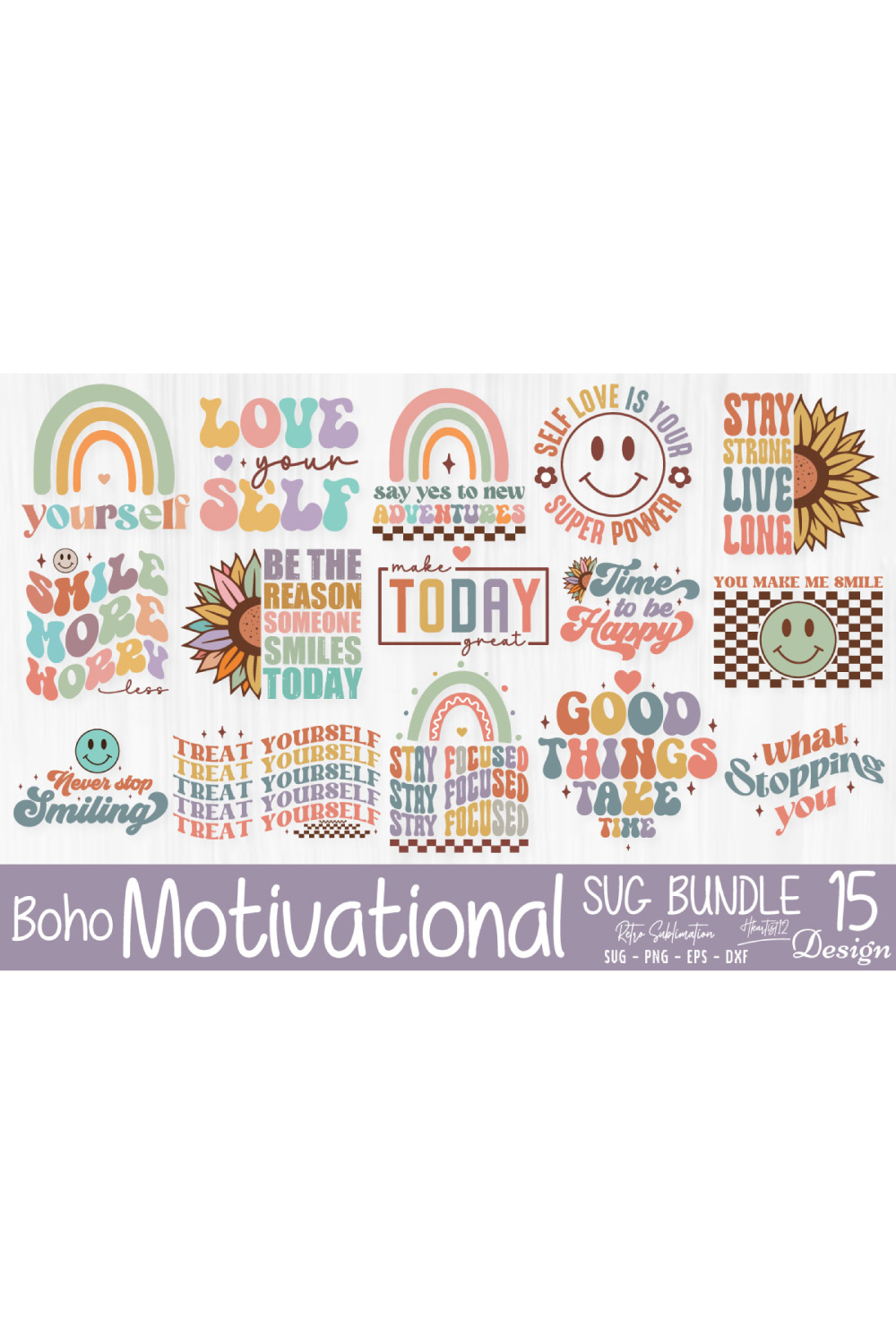 Boho Motivational retro svg bundle pinterest preview image.