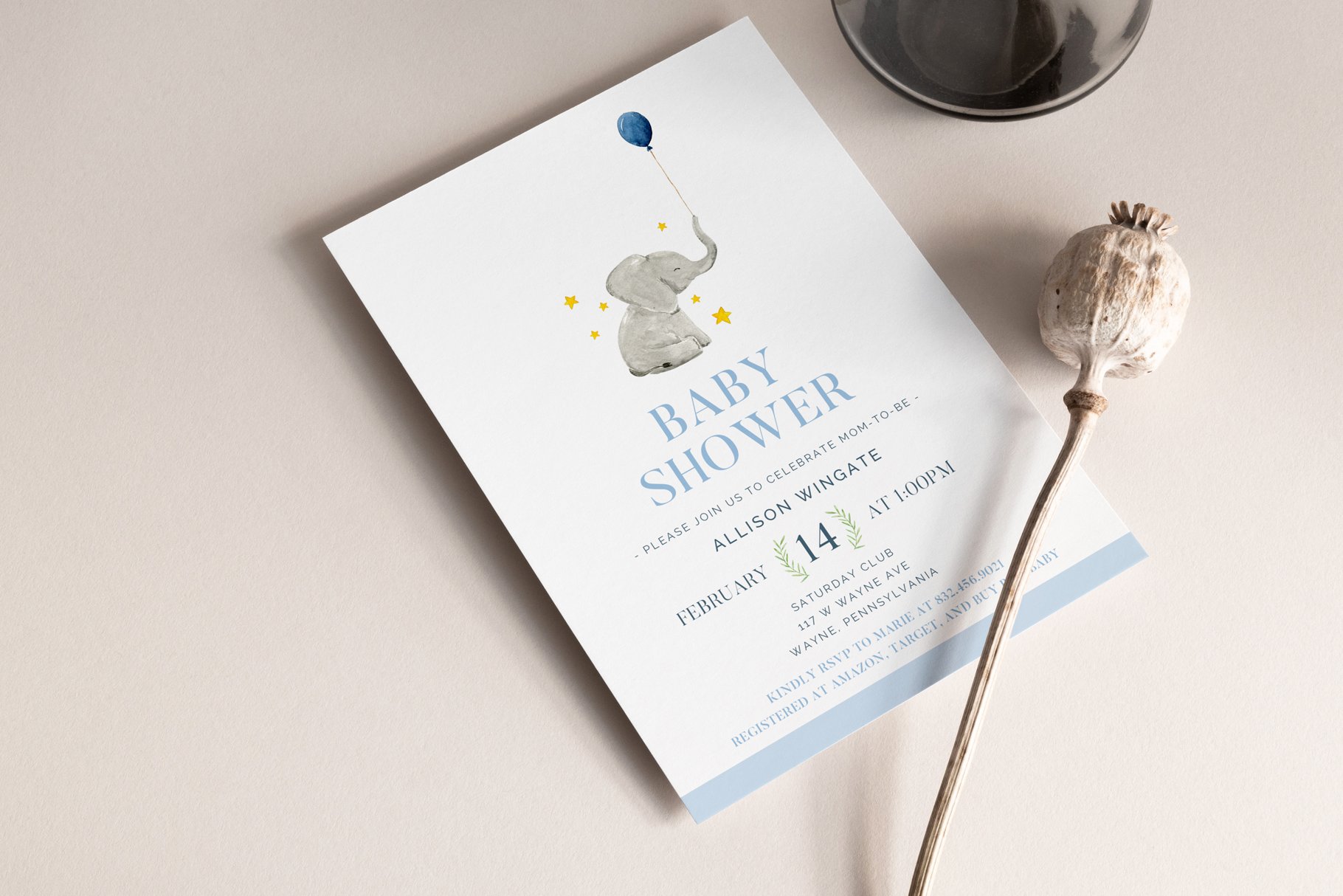 Elephant Baby Shower Invitation preview image.