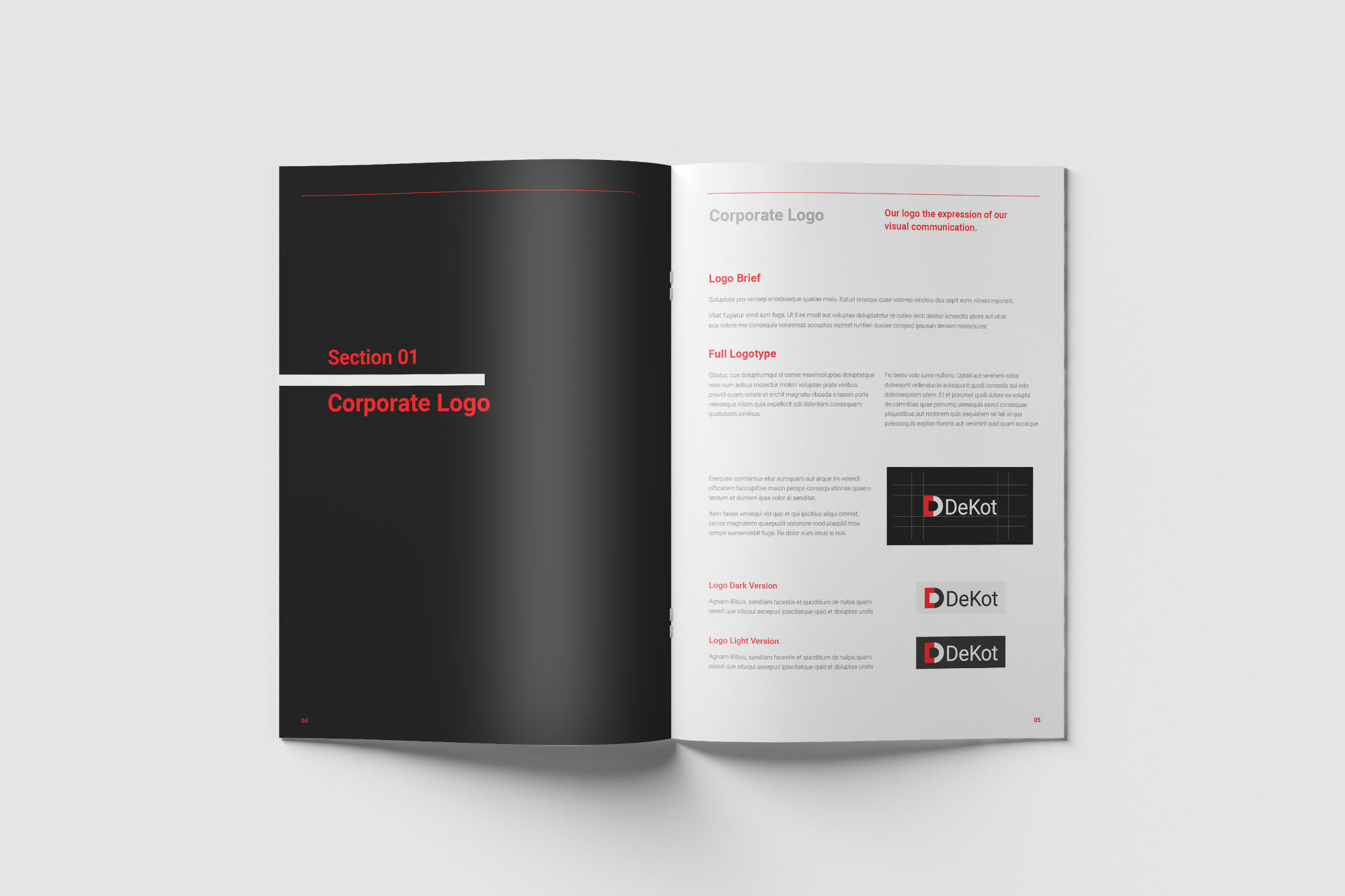 Black and white brochure with red accents.