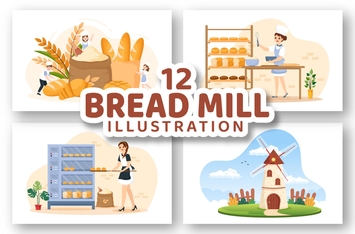 Series of illustrations of bread mill illustrations.