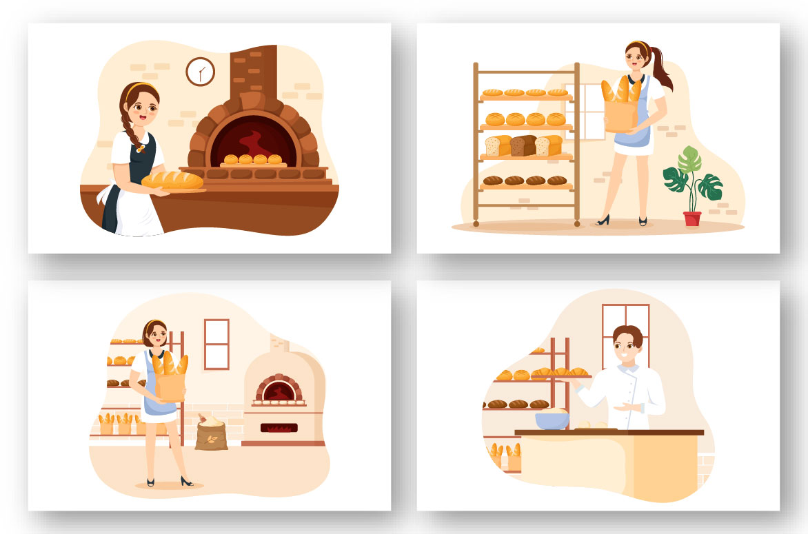 Set of four illustrations of a woman baking bread.