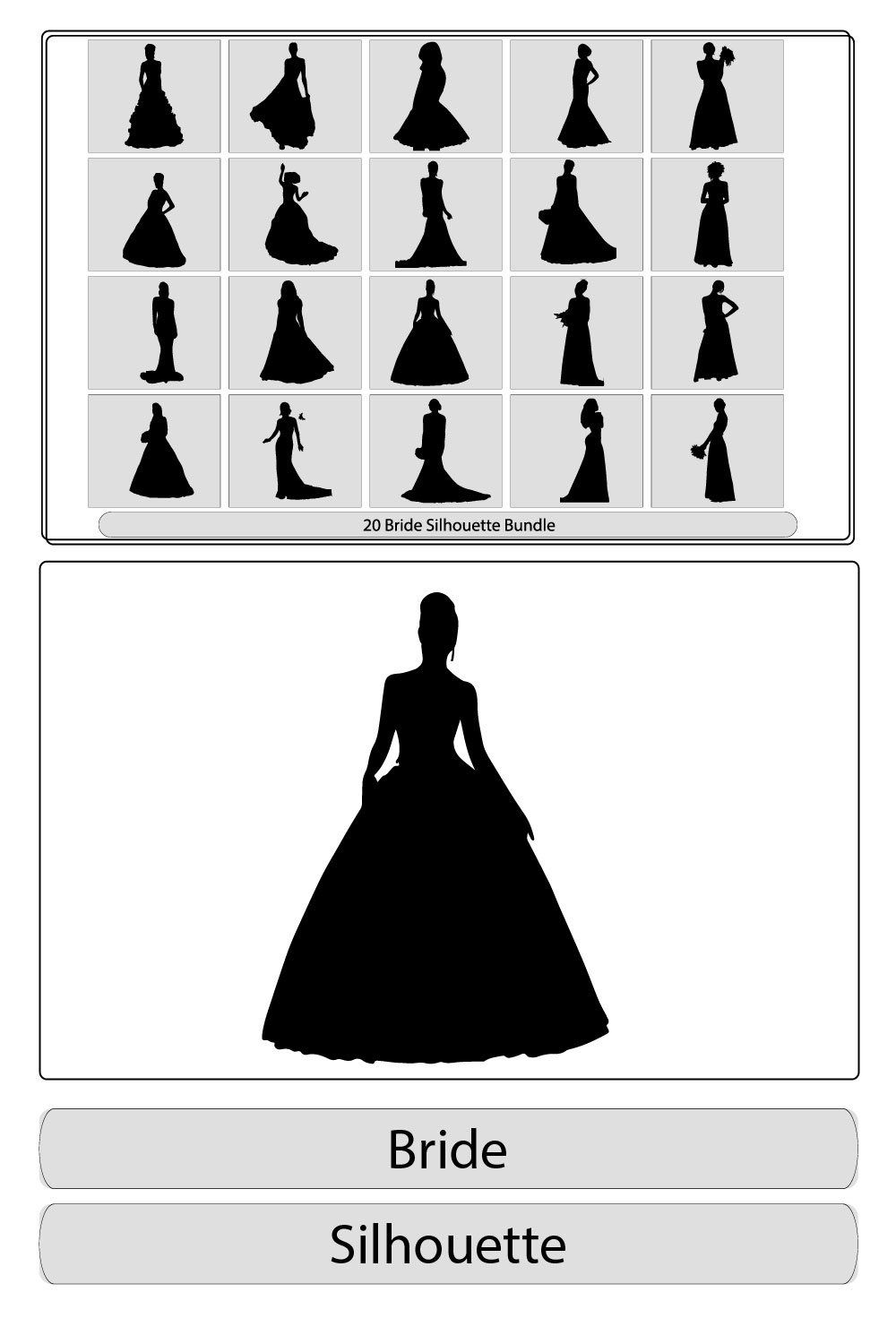 vector bride silhouette,Set of silhouettes of brides,silhouette of a bride with a bouquet pinterest preview image.