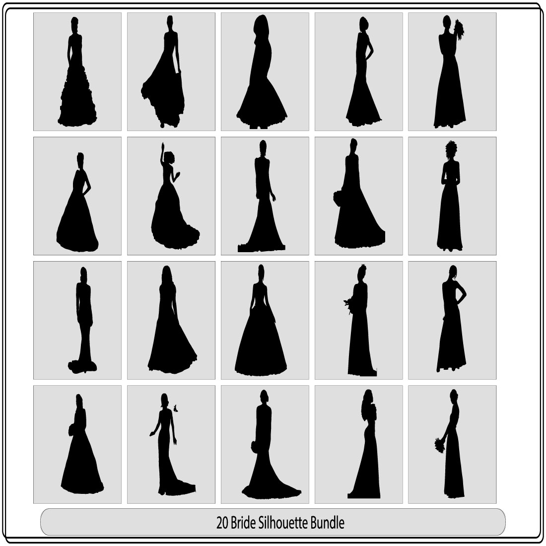 vector bride silhouette,Set of silhouettes of brides,silhouette of a bride with a bouquet cover image.