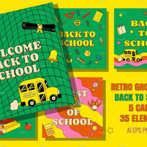 Back To School 5 Retro Groovy Cards cover image.