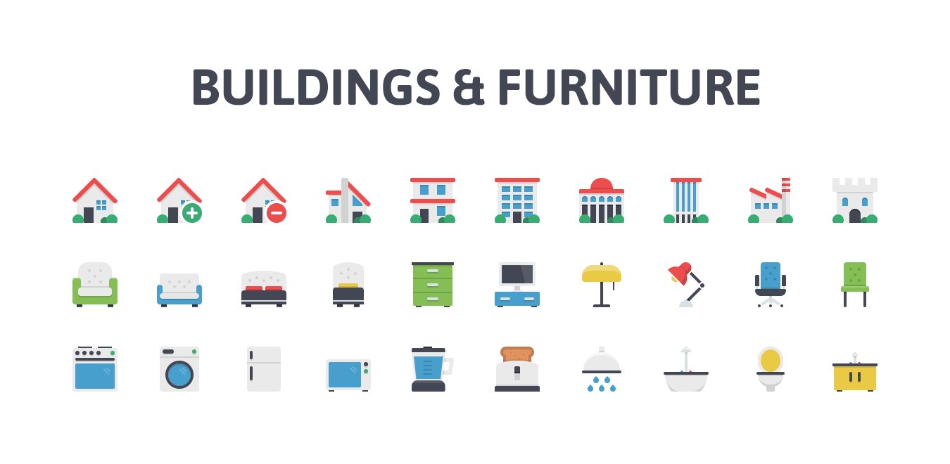 Buildings & Furniture Flat Icons preview image.