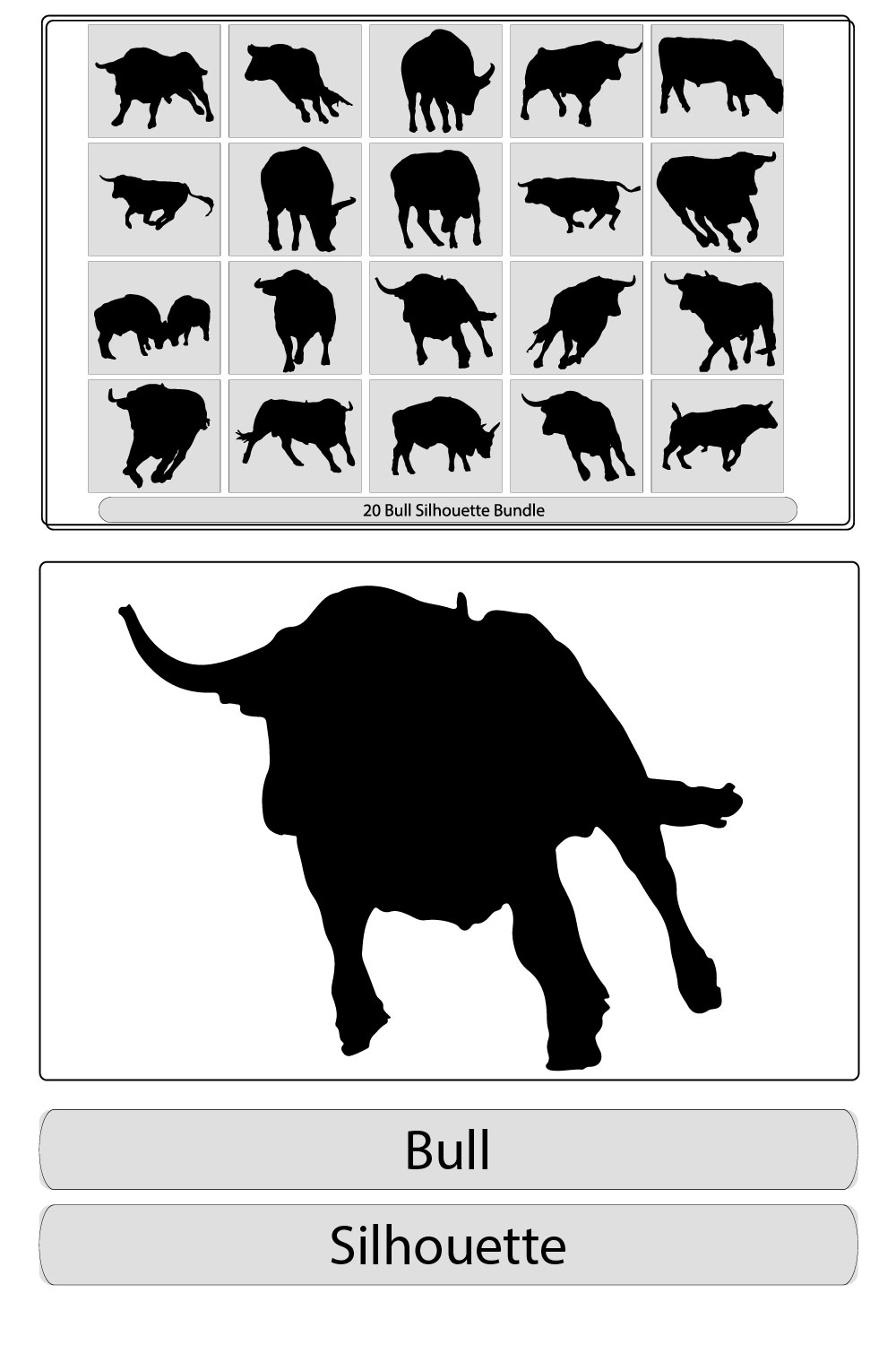 silhouettes of bulls in different positions,Bull logo designs set,Bull set,Stand bull,bull silhouette icon, pinterest preview image.