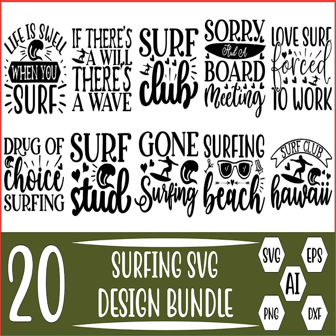 20 Surfing Svg Bundle Vector Template preview image.