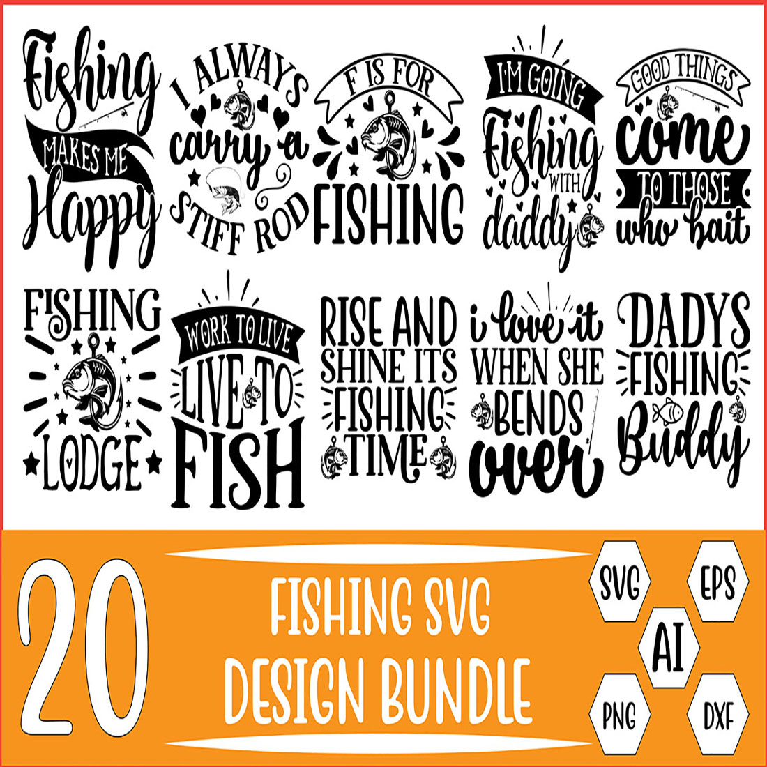 20 Fishing Svg Design Bundle Vector Template preview image.