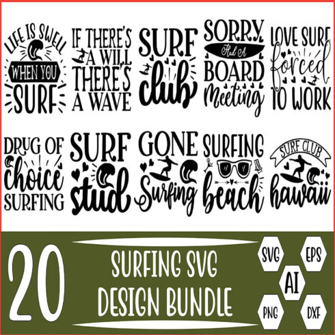 20 Surfing Svg Bundle Vector Template cover image.