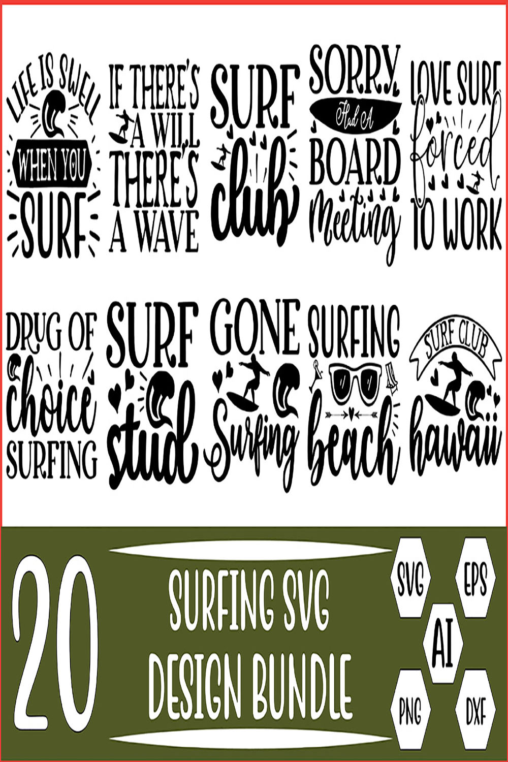 20 Surfing Svg Bundle Vector Template pinterest preview image.