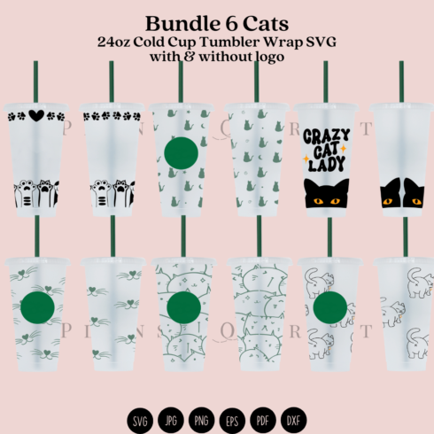 Bundle 6 Cat Lover 24oz Cold Cup Tumbler Wrap cover image.