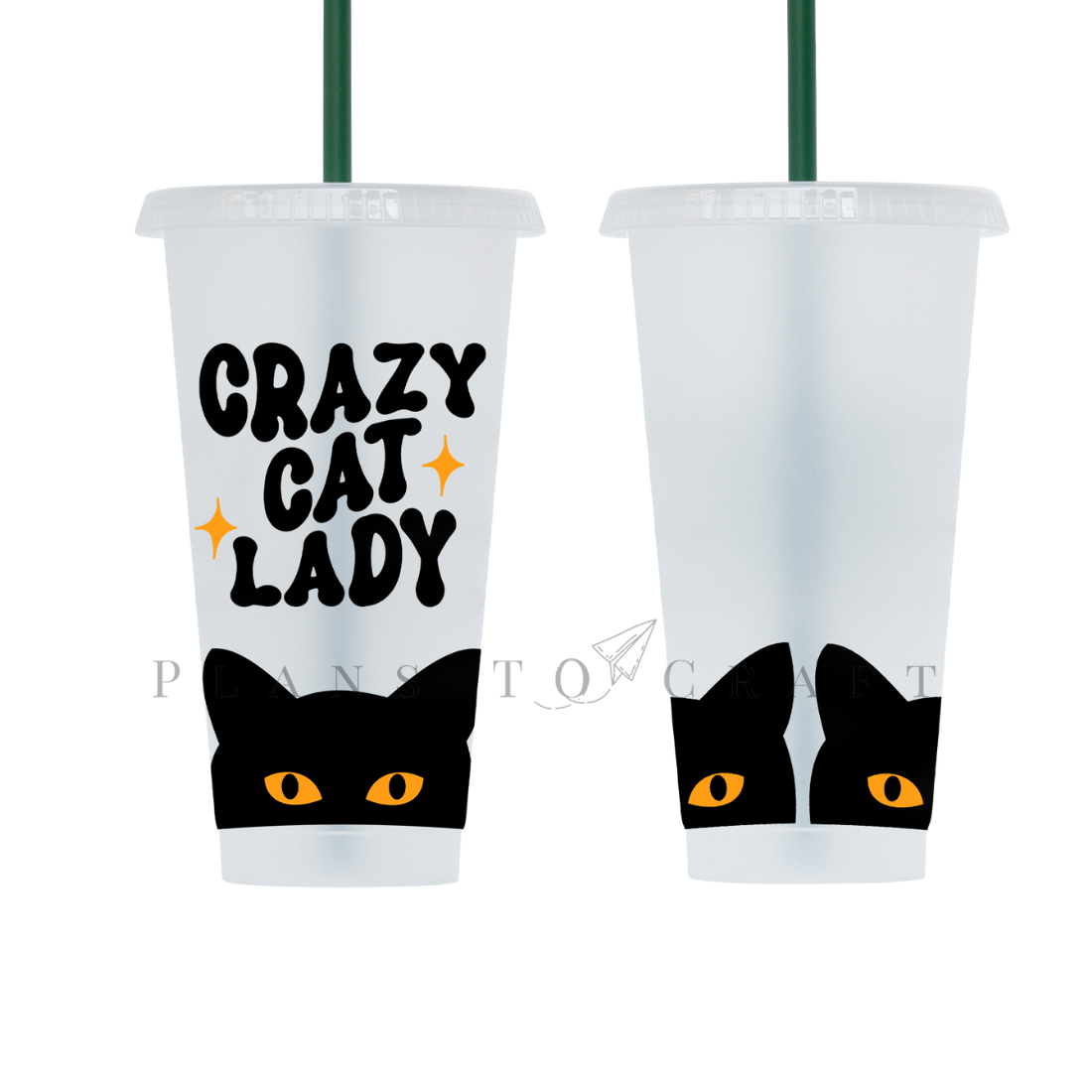 Two plastic cups with black cats on them.