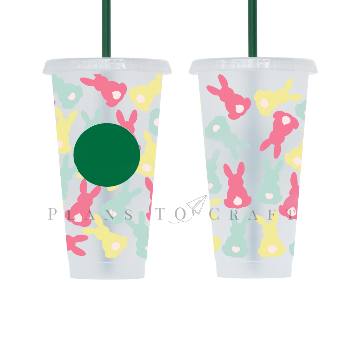 Two plastic cups with green straws and designs on them.